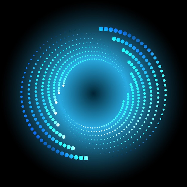 A blue circle of dotted halftones with neon glow on a black background Abstract design element