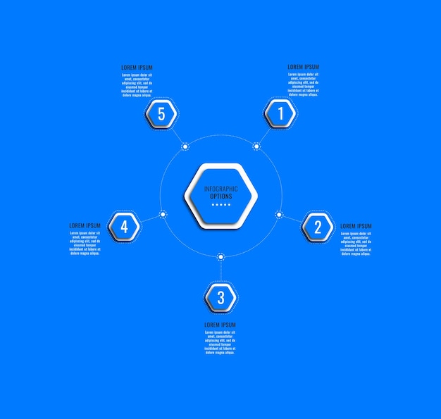 5つの六角形の要素とテキストボックスを持つ青い円形のインフォグラフィック図テンプレート