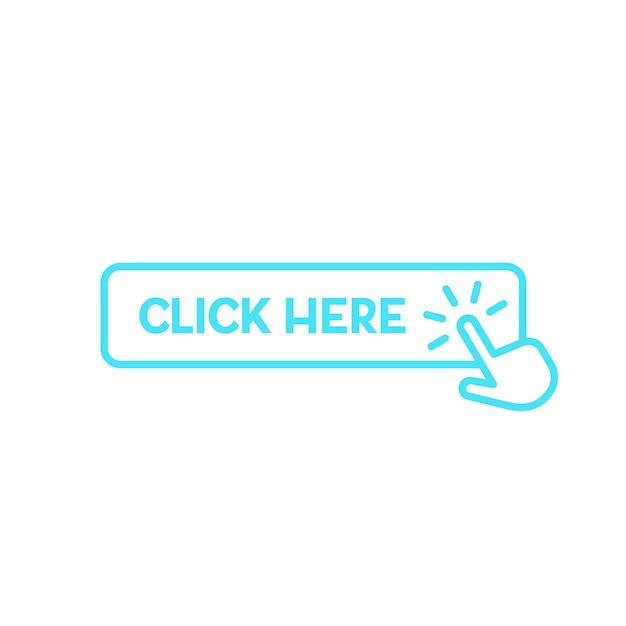 Blue click here square button with hand pointer icon