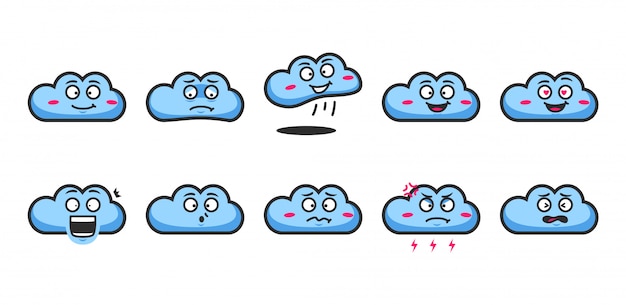 Nuvola blu personaggio dei cartoni animati emoji espressione emoticon set di espressioni facciali