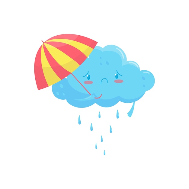 Nuvola blu con ombrello colorato e gocce di pioggia emozione faccia triste personaggio dei cartoni animati meteo design piatto per libri per bambini stampa o adesivo