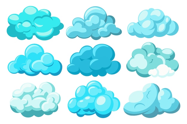 青い雲セットこのイラスト セットは、フラット スタイルでデザインされた一連の青い雲を特徴としています。