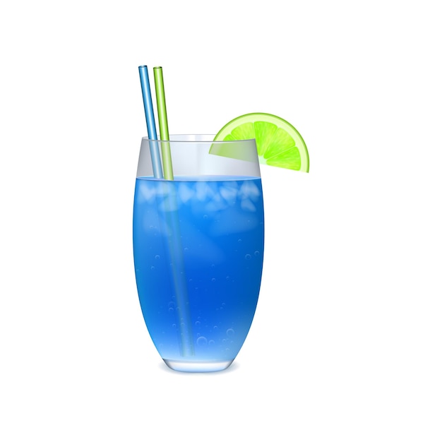 Vector blue cocktail with slice of lime on a white background