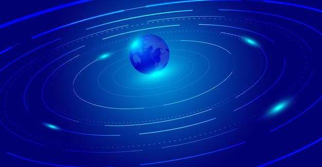 Blue coil starry orbit with planet, Internet technology vector background.