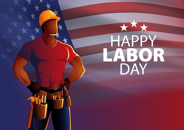 Vector blue collar worker proudly stands against the backdrop of the american flag