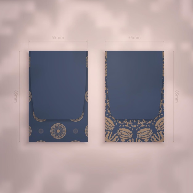 Blue color business card template with vintage brown pattern for your brand.