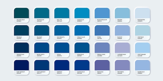 Blue Color Guide Palette with Color Names Catalog Samples Blue with RGB HEX Neomorphism Vector