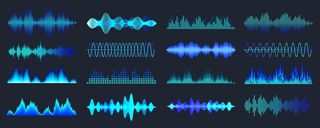 Vector blue colorful sound waves collection analog and digital audio signal music equalizer interference