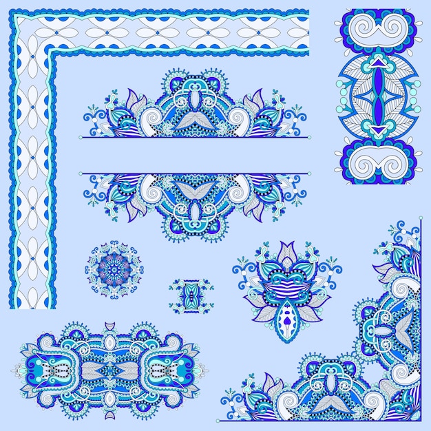 Blue colour set of paisley floral design elements for page decoration frame corner divider