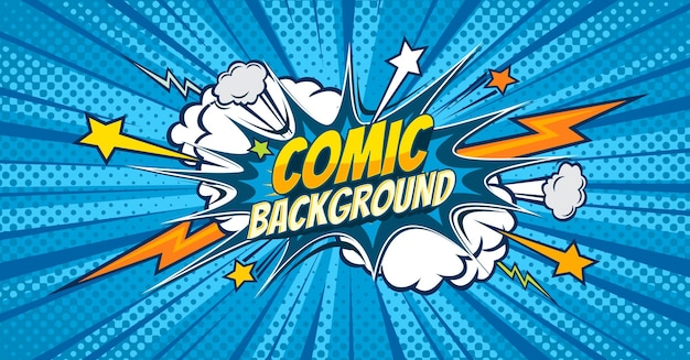サンダー ボルトの稲妻と漫画の泡を持つ青いコミック ポップ アートの背景漫画コミック バースト雲ブーム星と爆発落雷とベクトル ハーフトーン パターン背景