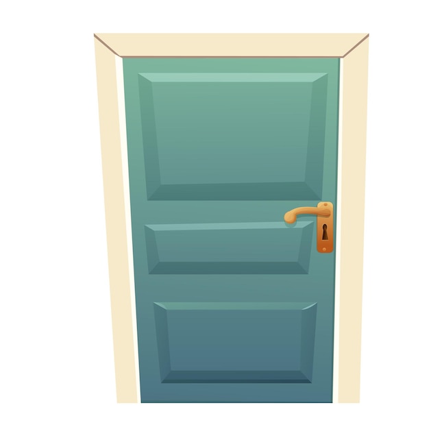 Blue comic wooden door, locked, detailed in cartoon style