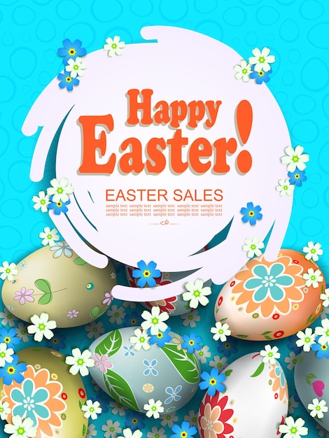 Vector blue composition with an abstract round white frame easter eggs with a pattern and flowers