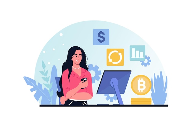 Vector blue concept cryptocurrency investment with people scene in the cartoon style