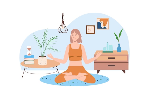 Blue concept interior with people scene in the flat cartoon design woman do yoga exercises to relax