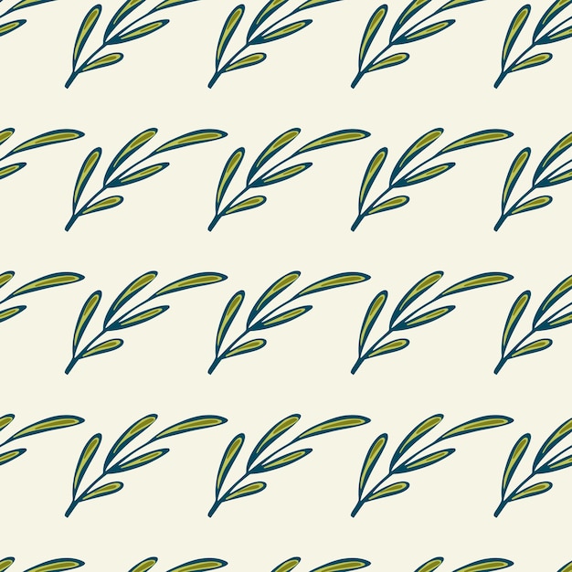 Vector blue contoured green branches elements seamless botanic pattern.