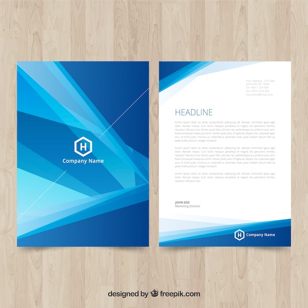 Blue corporate brochure with abstract shapes