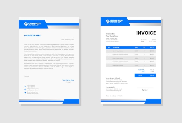 青い企業のレターヘッドと請求書のテンプレート