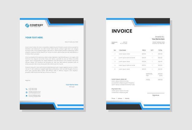 blue corporate business letterhead and invoice template