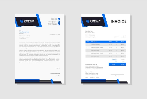 blue corporate business letterhead and invoice template