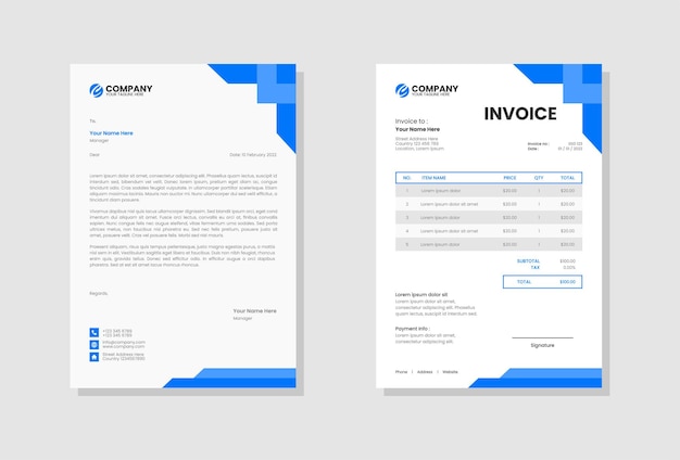 青い企業のレターヘッドと請求書のテンプレート