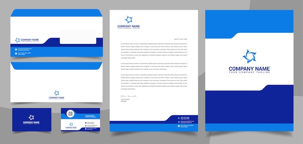 Blue corporate business stationary design template letterhead business card envelope cover