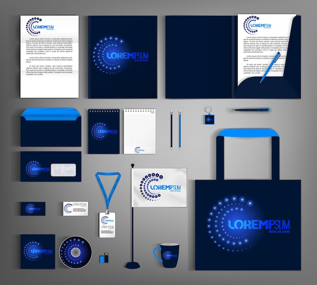Vettore modello di identità aziendale blu con elemento circolare astratto set aziendale di cancelleria