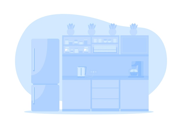 Illustrazione isolata di vettore 2d di cucina aziendale blu. armadi con elettrodomestici e frigorifero. ufficio zona pranzo piatto interno su sfondo di cartone animato. scena colorata della sala da pranzo