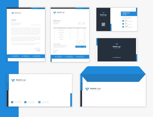 비즈니스 브랜딩 벡터를 위한 블루 기업 편지지 디자인 번들
