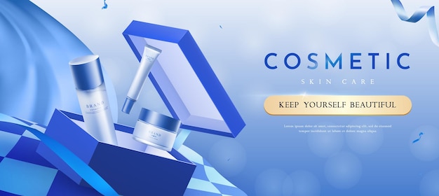 Blue cosmetic products for skin care with open gift box banner template