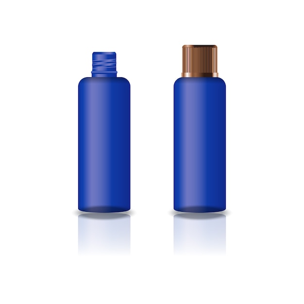 Blue cosmetic round bottle with grooved copper lid.