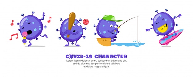 Vector blue covid-19. coronavirus cartoon inspiratieontwerp. zingen, honkbal, vissen en surfen