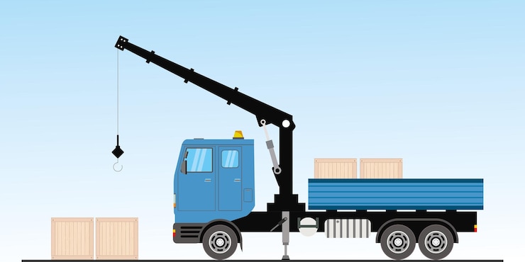 Vector blue crane truck with wooden boxes vector illustration