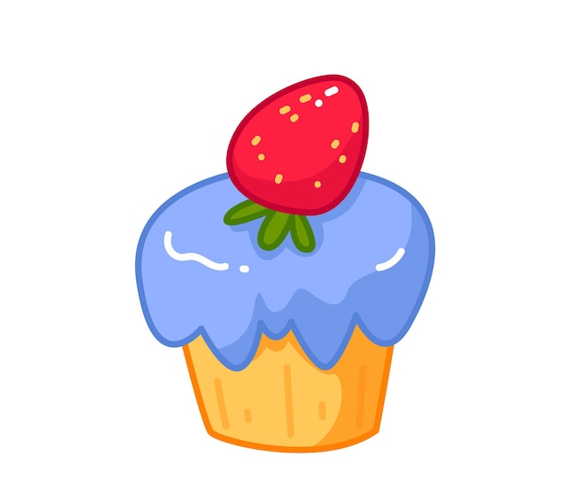 Blue cream cake strawberries Vector illustration in cartoon childish style Isolated fun clipart