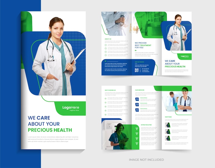 Vector blue creative medical trifold brochure design template layout premium vector