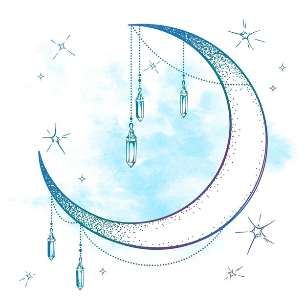 Vector blue crescent moon with moonstone gem pendants and stars vector illustration boho style art