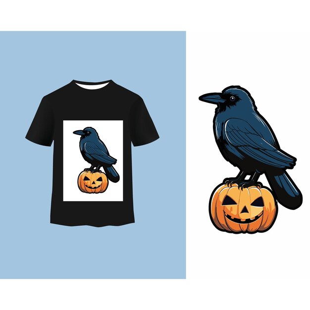 Blue Crow Perched on Orange Pumpkin TShirt