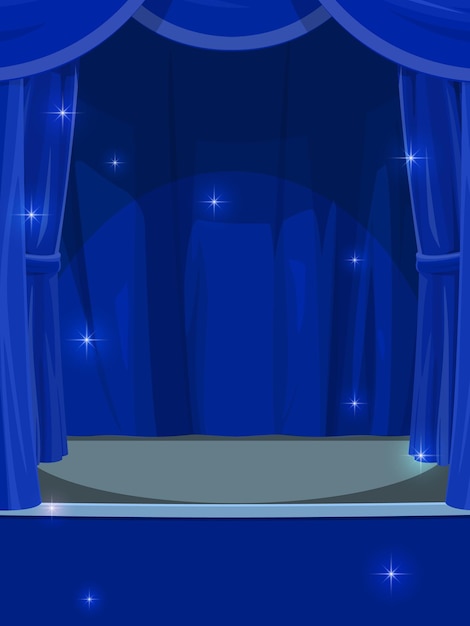 Blue curtains on stage. circus or theater empty stage with opened drapery, cartoon vector background or backdrop with concert hall, stand up club, music performance empty stage with shiny magic sparks