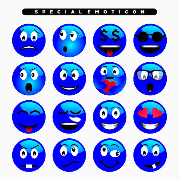 Vector blue cute emoji icon with various facial expressions