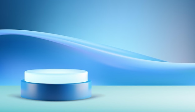 Blue cylinder 3d podium pedestal abstract wave curved flow wall background realistic vector