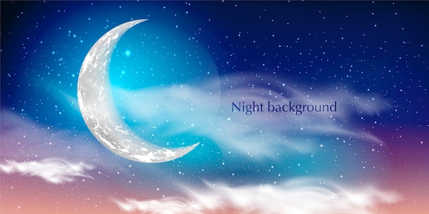 Вектор Синий темный фон ночного неба с луной, облаками и звездами. лунная ночь.
