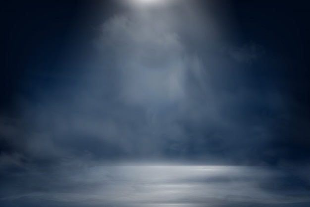 Синее темное ночное небо с лучами, лучами. дым с туманом на темном фоне.