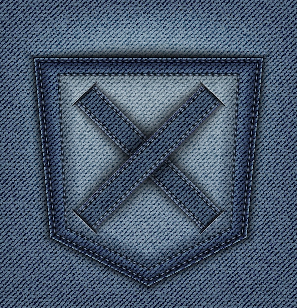 Blue denim design with back pocket and cross with stitches.