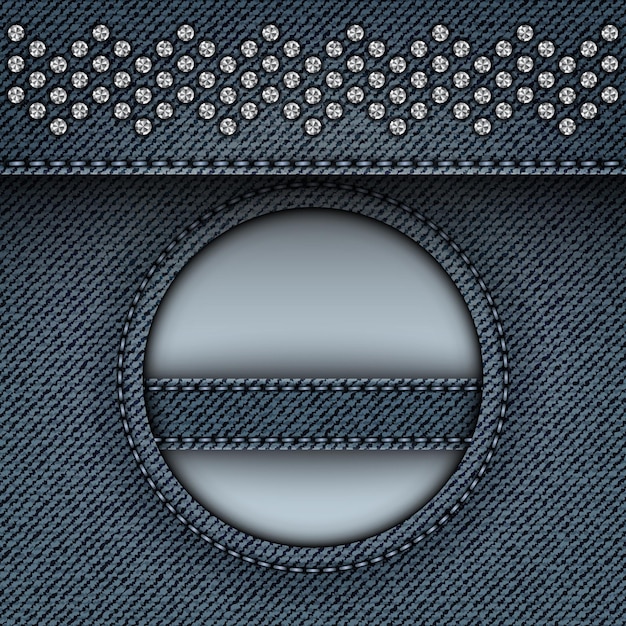 blue denim with round stitched frame and overhang stripe with sequins.