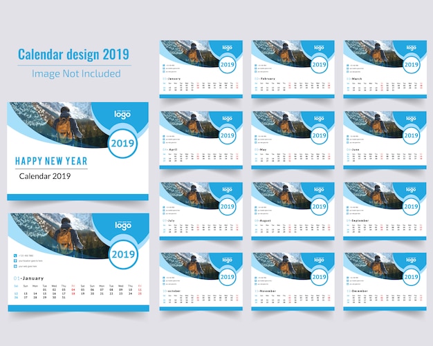 Vector blue desk calendar 2019