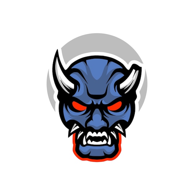 A blue devil face with red horns and red eyes.