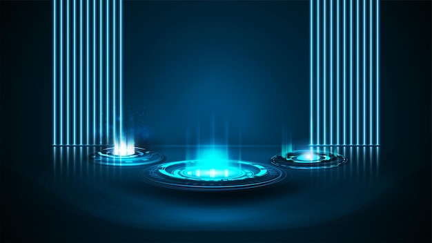 Vector blue digital hologram portals in cylindrical shape in blue scene with wall of line neon lamps