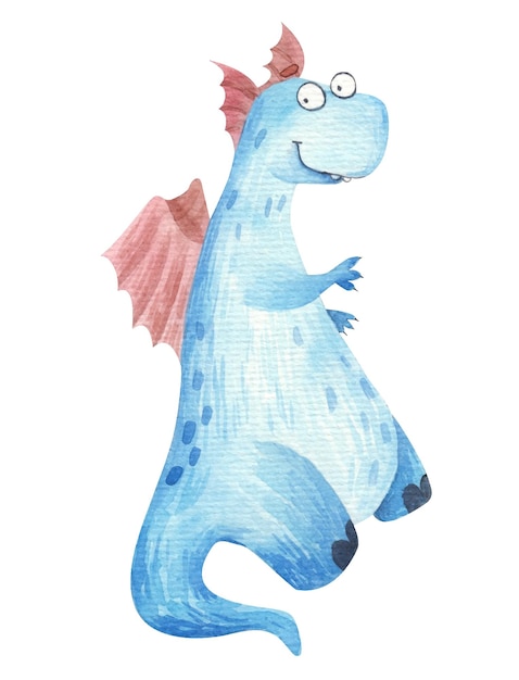 Blue dinosaur dragon with orange wings cute watercolor childrens illustration isolated on white