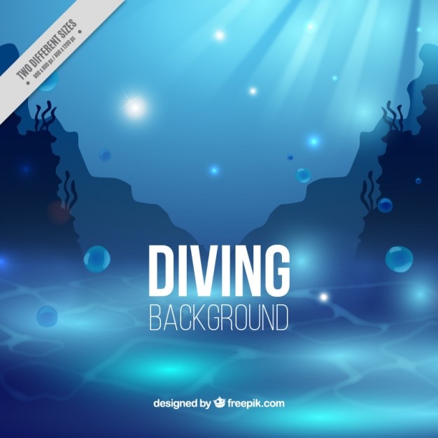 Vector blue diving background with seaweeds