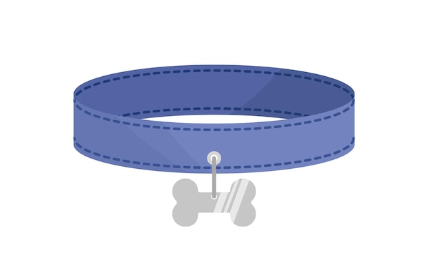 Blue dog collar with silver token in form of bone pet collar cartoon flat vector