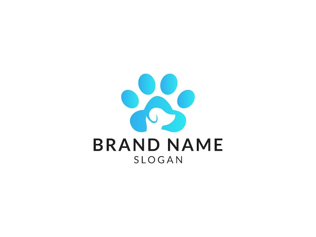 ブランド名を示す青い犬の足のロゴ
